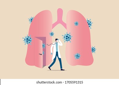 Doctor work hard fight with Coronavirus COVID-19 to safe patient from lungs infection pneumonia concept, doctor tried from work to help patient with open door to see lungs with Coronavirus pathogen.