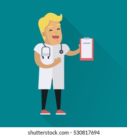 Doctor at work illustration. Vector in flat style design. Medical icon. Smiling male character in white gown showing with stethoscope and medical history. On blue background with shadow