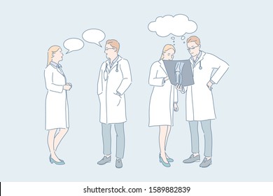 Doctor work, medical consultation, concilium concept. Medicine, injury treatment, therapy, male and female traumatologists with roentgenogram, people and speech bubbles. Simple flat vector