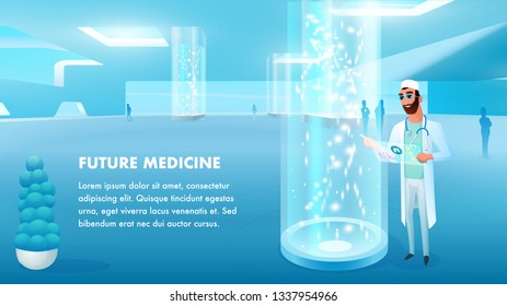 Doctor Work on Virtual Tablet Screen Heal Disease. Hospital Worker with Digital Equipment Wear Uniform. Young Male Scientist hold Pad. Future Medicine. Cartoon Flat Vector Illustration