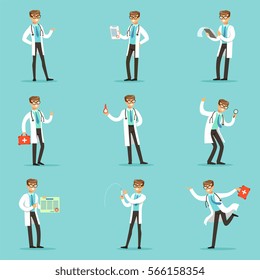 Doctor Work Process Set Of Hospital Related Scenes With Young Medical Worker Cartoon Character