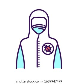 Doctor or worker in medical protective suit color line icon. Coronavirus pandemic COVID-19. Protect from viruses. Pictogram for web page, mobile app, promo. UI UX GUI design element.