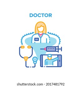 Concepto de icono del vector del trabajador médico. Trabajadora Médica Con Stethoscope Herramienta Para El Examen Del Paciente Y Jeringa Para La Inyección Con Medicamentos. Ilustración en color de la aplicación de la consulta en línea