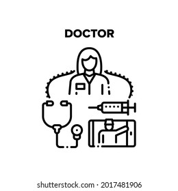 Concepto de icono del vector del trabajador médico. Trabajadora Médica Con Stethoscope Herramienta Para El Examen Del Paciente Y Jeringa Para La Inyección Con Medicamentos. Aplicación de teléfono de consulta en línea Ilustración en negro