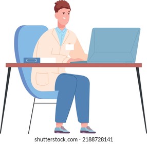 Doctor working at computer. Scientist workplace. Lab worker isolated on white background