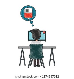 doctor working computer thinking in blood bag