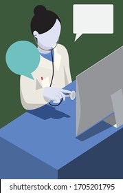 The doctor working in front of the computor with stethoscope to give her patient the online treatment.