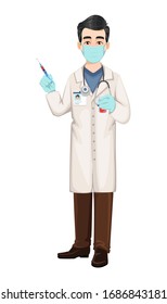 Doctor working in the hospital during coronavirus outbreak Covid-19. Medical doctor cartoon character holding syringe and test tube. Vector illustration