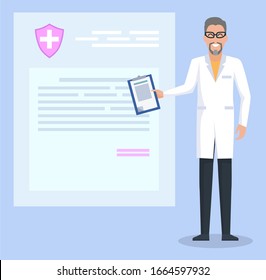 Doctor Working At Hospital. Man Explore Patient Medical History, Card With Diseases. Physician Hold Notepad With Document In Hands. Person Look At Health Insurance Map. Vector Illustration In Flat