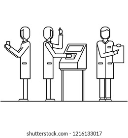 A doctor working in a lab. Collects a sample, conducts research and genetic tests. Gives results for personalized medicine. Linear style of isolation illustration