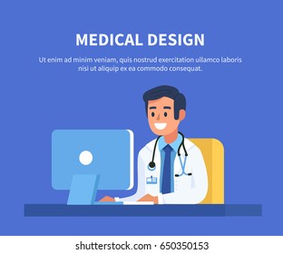 Doctor working at office desk on computer. Flat style vector illustration.