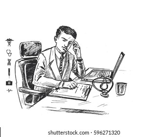 Doctor Working On Computer At His Desk In Medical Office - Hand Drawn Sketch Vector Illustration.