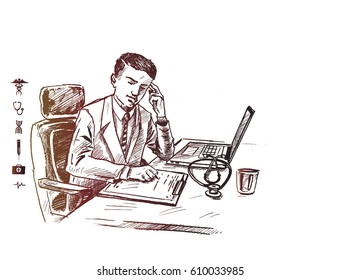 Doctor working on computer at his desk in medical office - Hand Drawn Sketch Vector illustration.