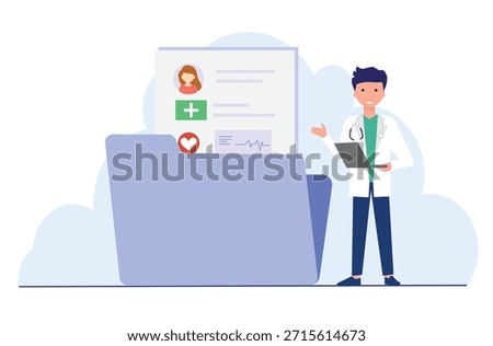 Doctor working on a laptop, managing electronic health and medical records, global healthcare AI technology
