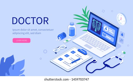 Concepto de trabajo médico. Puede usarse para fondos, infografías, imágenes de héroes. Ilustración vectorial isométrica plana.