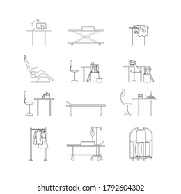 Doctor workplace flat color vector object set. Clinic furniture for patient checkup. Hospital equipment to check health isolated cartoon illustration for web graphic design and animation collection