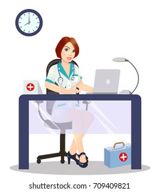 Doctor in the workplace and in her office sitting.