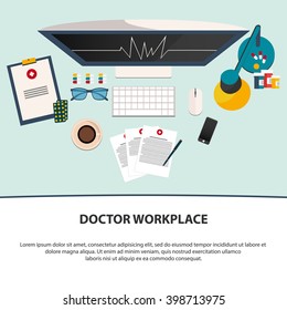 Doctor workplace. Medicine icons set in flat design style. Flat