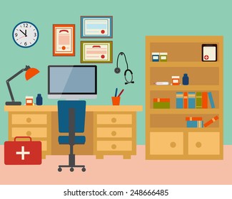 Doctor workplace. Modern room with a table and a wardrobe. Vector illustration