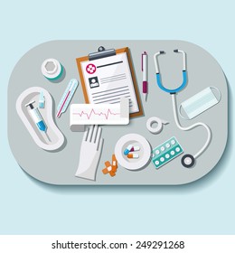 Doctor workplace set in flat style. Healthcare and medical concept.  Vector illustration