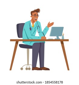 Doctor at workplace talking and gesturing, sitting by computer. General practitioner using laptop for video conference. Family doc consulting patients. Cartoon character, vector in flat style