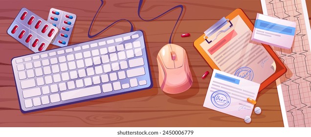 Doctor workplace top view. Vector cartoon illustration of computer keyboard and mouse on wooden desk, blister with pills and tablets, paper prescriptions, medical records on table, healthcare services