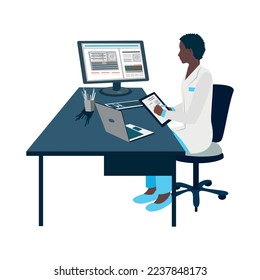 The doctor works in the office at a laptop and computer and writes down a prescription or diagnosis. Thank you doctors and nurses. Vector illustration in a flat style.