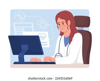 Doctor works on computer flat concept vector illustration. IoT in medicine. Editable 2D cartoon characters on white for web design. Telehealth creative idea for website, mobile, presentation