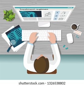 the doctor works on the computer. Medicine concept. X-ray lungs, computer and pills on the table . Vector illustration