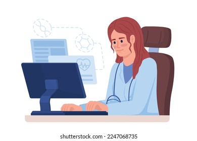 Doctor works on computer semi flat color vector character. Editable figure. Full body person on white. Medical worker simple cartoon style illustration for web graphic design and animation