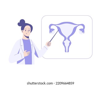 El médico trabaja en la investigación de un sistema reproductivo femenino. El ginecólogo comprueba el útero. Ilustración plana del vector aislada en fondo blanco