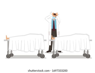 Doctor Worry Seeing His Patients Dying. Concept Of Outbreak Or Pandemic. Vector Illustration.