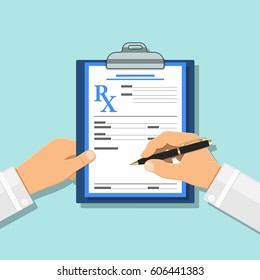 Doctor writes prescription with pen on rx form on clipboard. Medical and healthcare concept. flat style icons. isolated vector illustration