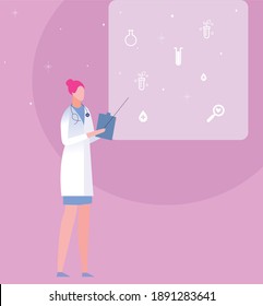 Doctor, escribe recomendaciones. Plantilla de acción, donaciones, redes sociales, formación médica, conferencias, seminarios. Ilustración del vector