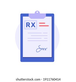 Doctor writes signature. Rx medical prescription. Concept of medicine and pharmacy, healthcare, online prescription, disease therapy pills, painkiller drugs. Vector illustration in flat design