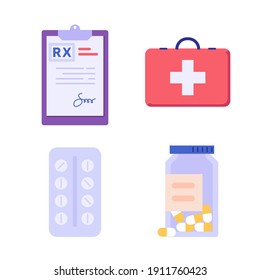 Doctor writes signature. Rx medical prescription. Concept of medicine and pharmacy, healthcare, online prescription, disease therapy pills, painkiller drugs. Vector illustration in flat design