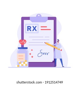 Doctor writes signature. Rx medical prescription. Concept of medicine and pharmacy, healthcare, online prescription, disease therapy pills, painkiller drugs. Vector illustration in flat design