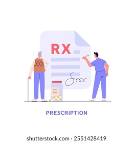 Doctor writes signature. Rx medical prescription for elderly people. Concept of medicine and pharmacy, healthcare, online prescription, disease therapy pills. Vector illustration in flat design