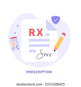 O médico escreve a assinatura. Rx prescrição médica para idosos. Conceito de medicina e farmácia, saúde, prescrição on-line, pílulas de terapia de doenças. Ilustração vetorial em design plano