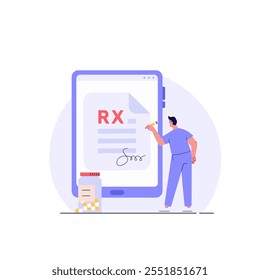 Doctor writes signature. Rx medical prescription for elderly people. Concept of medicine and pharmacy, healthcare, online prescription, disease therapy pills. Vector illustration in flat design