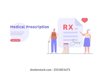 Doctor writes signature. Rx medical prescription for elderly people. Concept of medicine and pharmacy, healthcare, online prescription, disease therapy pills. Vector illustration in flat design