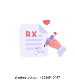 Doctor writes signature. Rx medical prescription for elderly people. Concept of medicine and pharmacy, healthcare, online prescription, disease therapy pills. Vector illustration in flat design