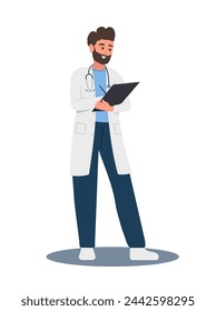 Doctor escribiendo prescripción médica. Hombre en uniforme sujetando el portapapeles con la receta para el paciente. Concepto de salud, tratamiento y farmacia. Ilustración vectorial en estilo plano de dibujos animados.