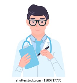 Doctor writing notes in a notepad. Male personage writing medical prescription, diagnosis, results of medical examination. Character isolated vector illustration in cartoon flat style.