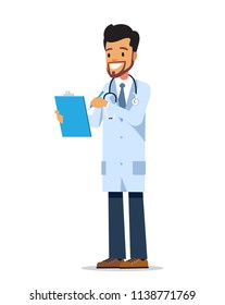 Doctor writing notes in a notepad. Senior doctor writing results of medical examination. Doctor writing medical prescription.Vector character design isolated on white background.