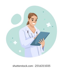 Doctor writing on clipboard with stethoscope. Vector illustration