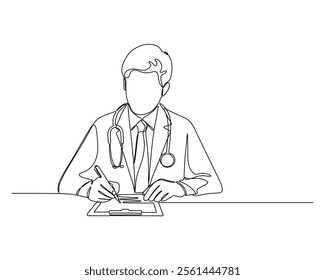 A doctor writing on a clipboard, wearing a stethoscope, symbolizing the medical profession, healthcare, and professional consultation. Continuous line drawing design for health care illustration