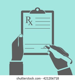 Doctor writing prescription. Clipboard in hands of doctor. Rx form.  Medical pad. Vector illustration flat design. Blank template for text medical prescription. RX form.
