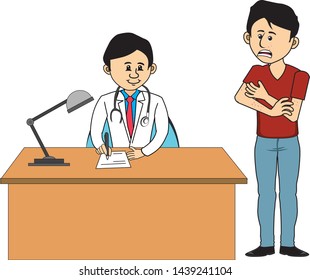doctor writing prescription suggestions patient standing showing problems