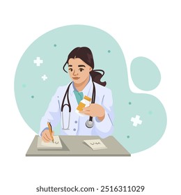 Doctor writing prescription while holding a pill bottle. Vector illustration